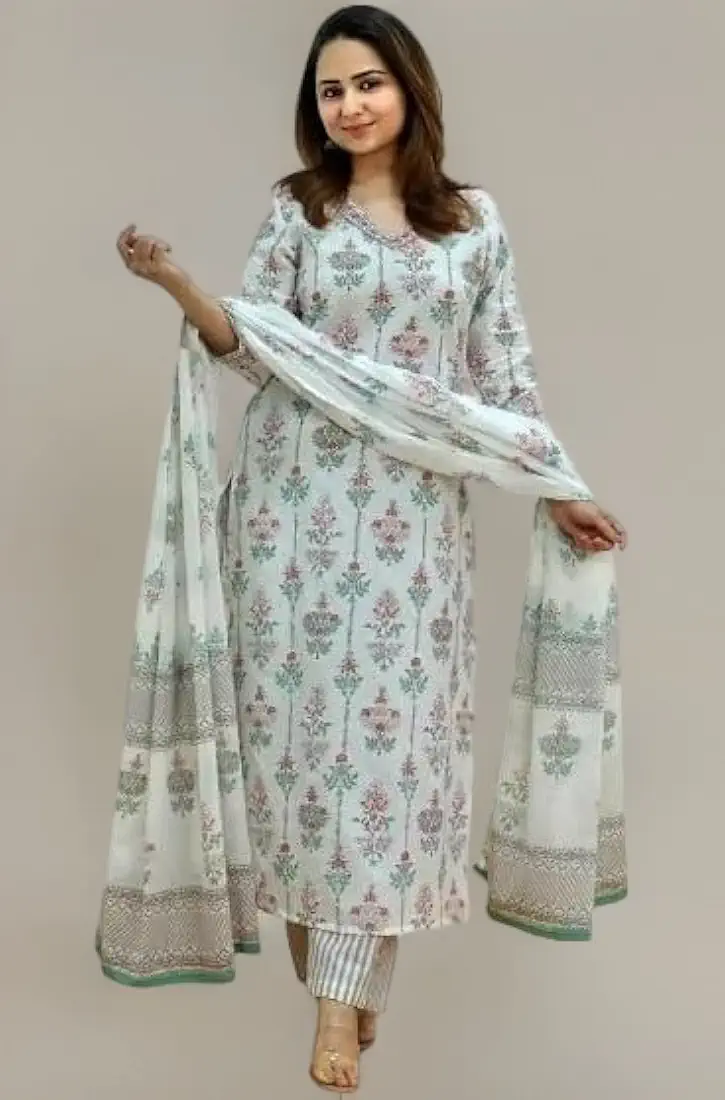 pinkmint women's printed v neck kurta and pant set with dupatta pinkmint women's printed v neck kurta and pant set with dupatta