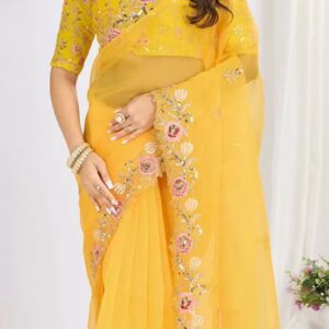 here&now floral embroidered organza saree